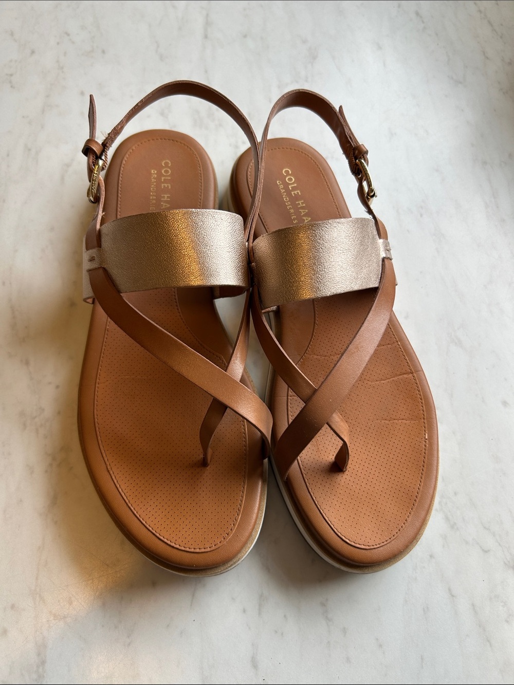 Cole Haan Camel Leather Slingback Sandals with Metallic Rose Strap